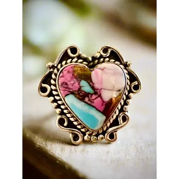 Cotton Candy Turquoise | Heart Shaped Ring | Size 5-10 Adjustable - Picture 1 of 5